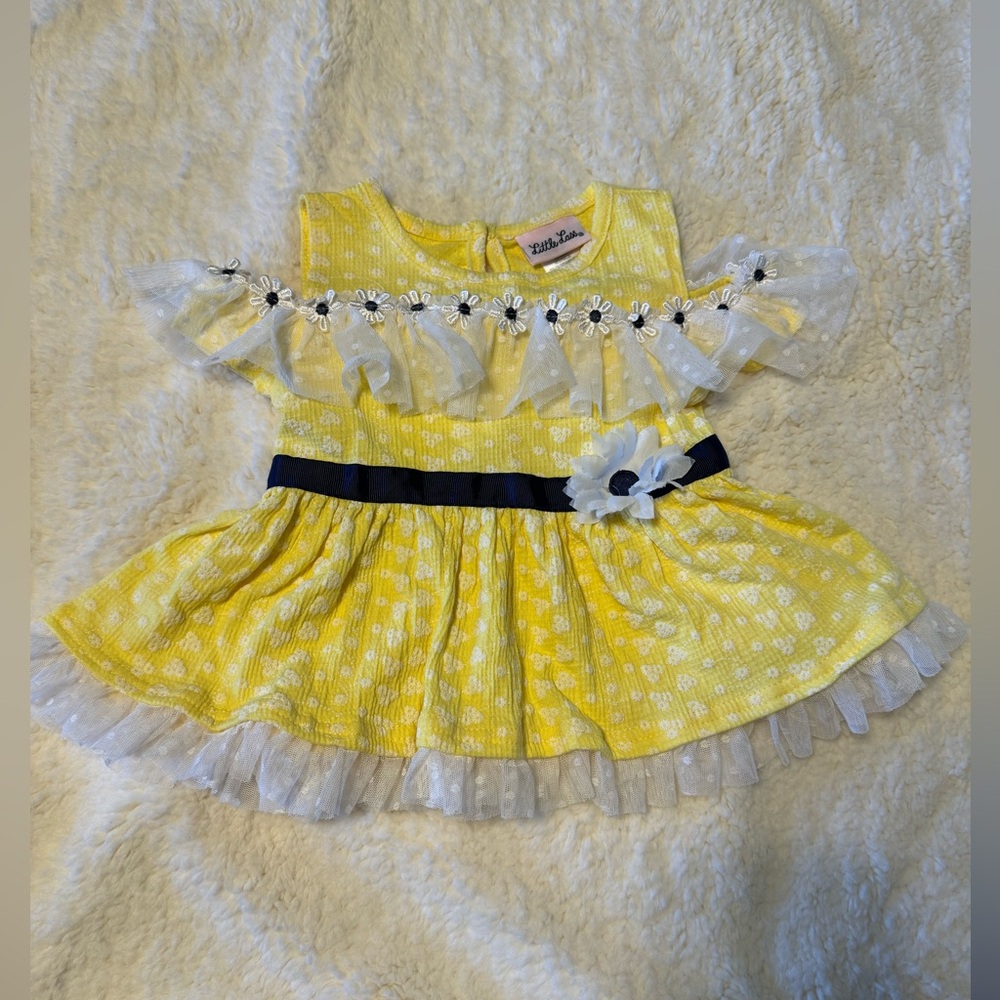 Little Lass yellow & navy & white daisy dress 24 months